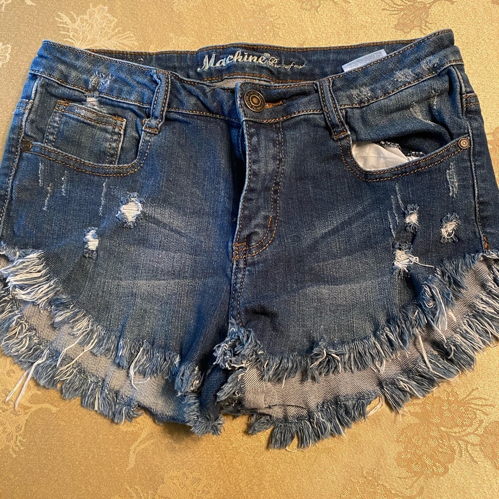 Machine Blue Distressed Jean Shorts with Frayed Hem